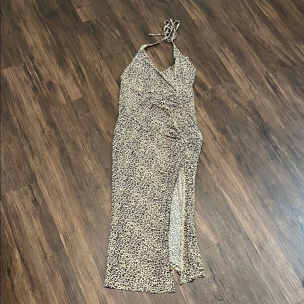 Adjustable maxi dress with slit cheetah print Small
